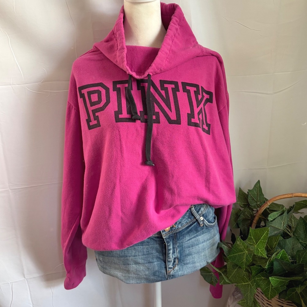 Victoria's Secret PINK Funnel Neck Hoodie Magenta Pink Logo Pullover Large
